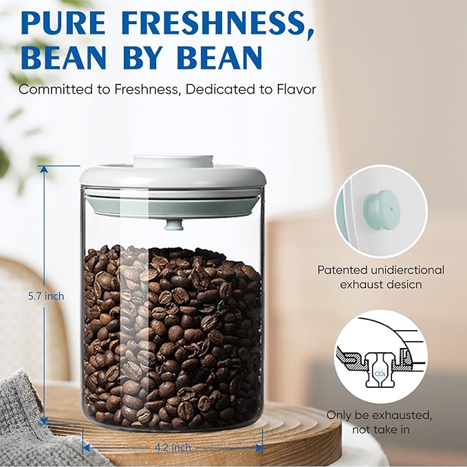 Coffee Container - Kitchen Food Storage Container with One-Way CO2 Valve, Press-on Lid Glass Coffee Canister with Scoop UV Protection for Grounds, Beans, 11 oz Grey