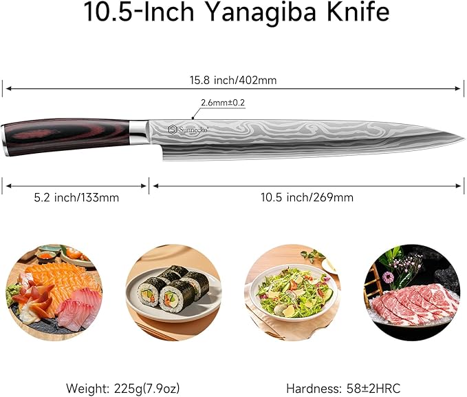 Sunnecko 10.5 inch Sashimi Knife,High Carbon Stainless Steel Japanese Sushi Knives,Yanagiba Knife with Knife Sheath and Gift Box