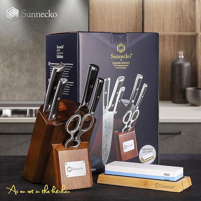 Sunnecko Damascus Kitchen Knife Set - Sharp Kitchen Knife Set of 7pcs with Japanese Damascus Steel VG10 - Professional Kitchen Knife Block Set with Full-tang Stainless Steel Handle