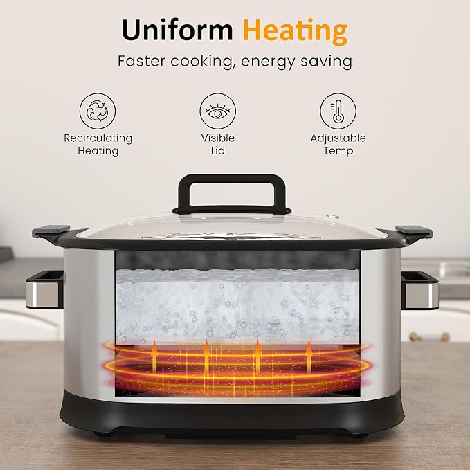 Sunvivi 6.5 Quart Slow Cooker Roaster Oven:11 in 1 programmable Multi-Cooker Food Warmer with Digital Timer, Temp Control, Removable Nonstick Cast Aluminum Pot & Dishwasher-Safe Tempered Glass Lid