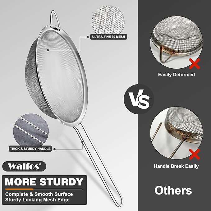 Walfos 6.3 Inch Fine Mesh Strainer, Premium Stainless Steel Sieve and Sifter with Handle, Kitchen Metal Strainers for Rice, Quinoa, Fruits, Noodles, Flour