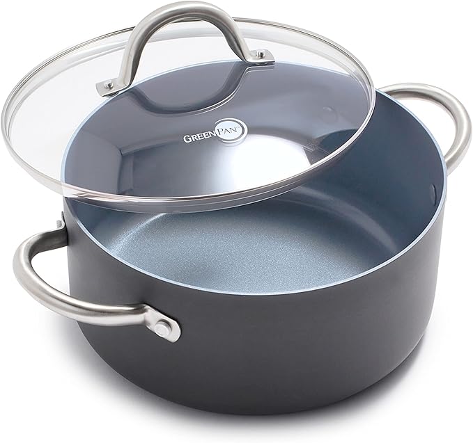GreenPan Lima Hard Anodized 5QT Stock Pot with Lid, Healthy Ceramic Nonstick, PFAS-Free Nontoxic Pots and Pans, Oven & Broiler Safe Cookware, Stainless Steel Handles, Gray