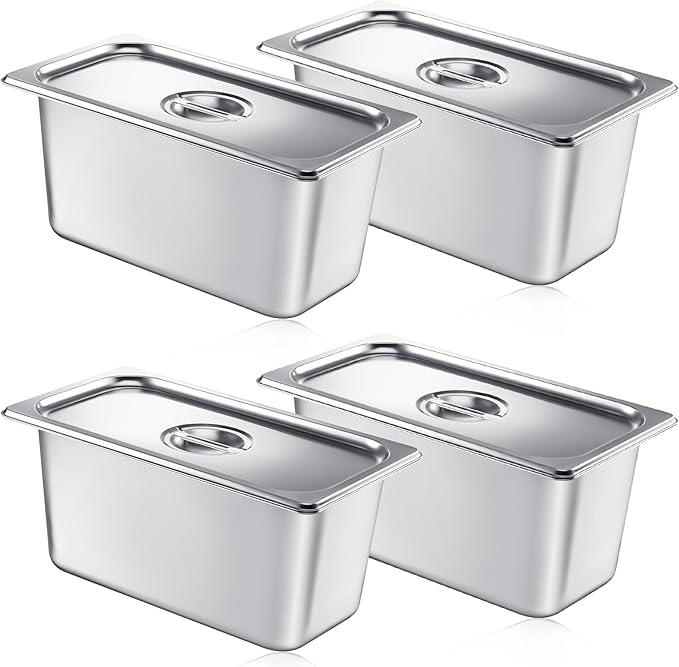 Mifoci 4 Pack Stainless Steam Hotel Pan with Lid, 1/3 Size x 6 Inch Deep Table Steam Pan Restaurant Supplies Reusable Anti Rust Catering Storage for Home, Party, Restaurant, Hotel, Buffet