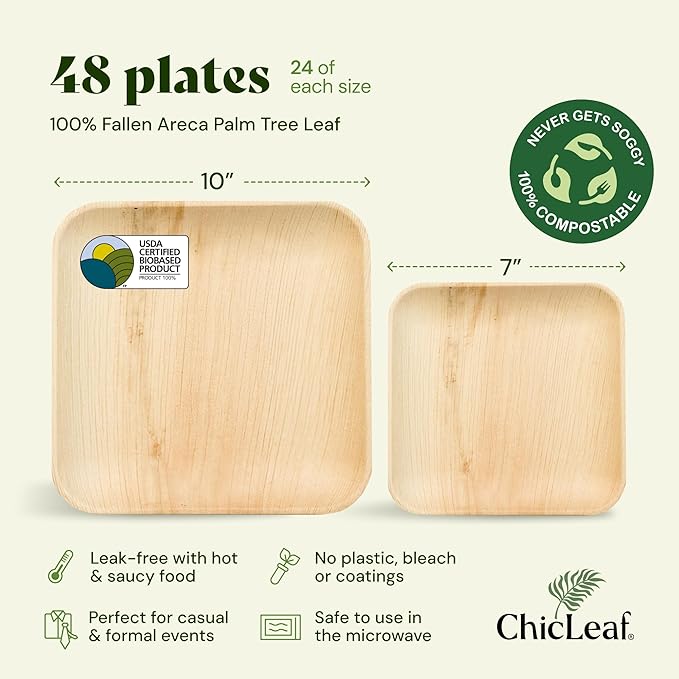 Chic Leaf Compostable & Biodegradable Palm Leaf Disposable Bamboo Plates - Disposable Party Plates for Appetizers - Camping Essentials - Reusable Party Supplies (10 & 7 Inch Square)