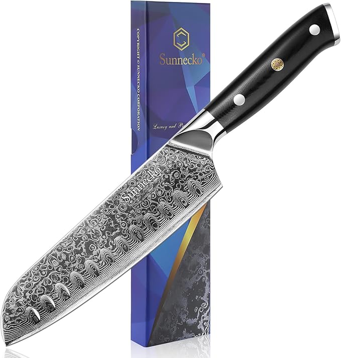 Sunnecko Damascus Chef Knife Japanese Santoku Knife 7 Inch Chopping Knife Vegetables, High Carbon Stainless Steel Knife with Gift Box