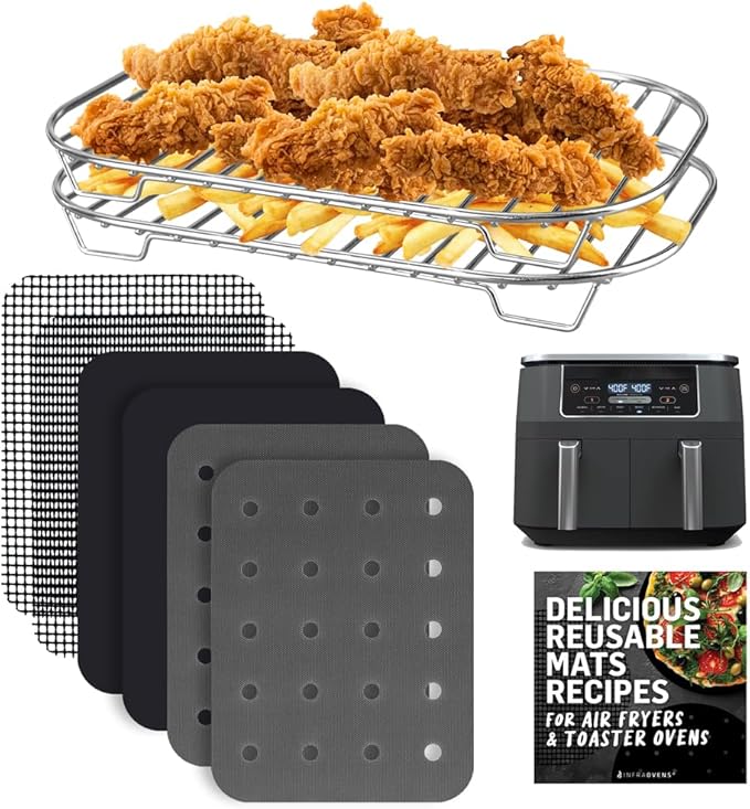 INFRAOVENS Accessories for Ninja Dual 2 Basket Air Fryer 10 QT DZ401 & 8 QT DZ201, Racks for Foodi Dual Zone, Reusable Liner Sheets for Double Airfryer, 9pcs Kitchen Accessory Set with Recipe Book