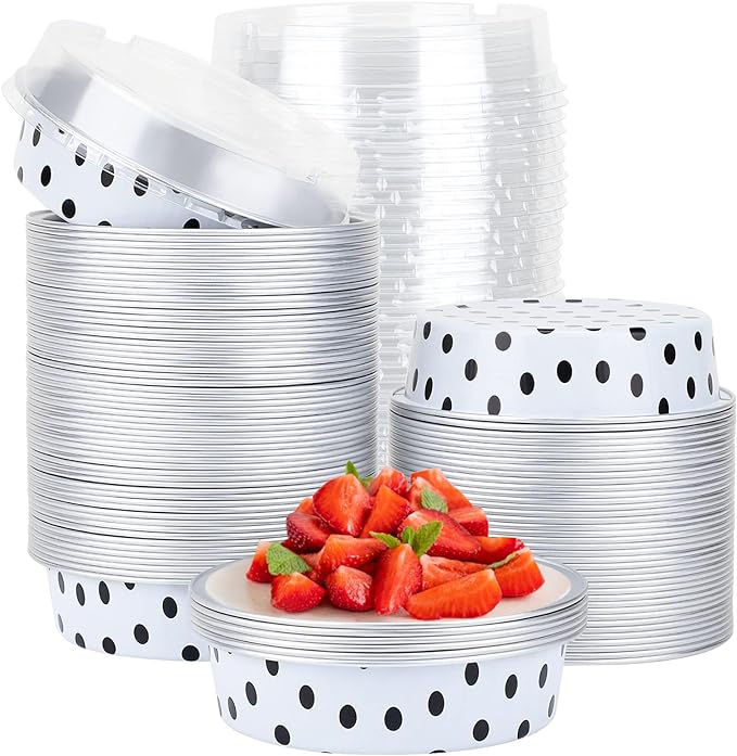 Beasea Mini Tart Pans with Lids 100 Pack, 4” 8oz Disposable Aluminum Baking Foil Tins Round Small White Black Dot Container for Individual Cupcake Dessert Muffin Ramekin Cheesecake Quiche Oven Dishes