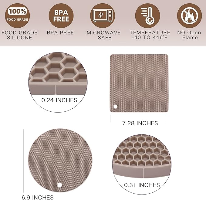 Silicone Trivets for Hot Dishes, 4 PCS Multipurpose Heat Resistant Mat Thick Silicone Hot Pads Pot Holders for Kitchen Counter, Flexible Jar Opener Food Grade Spoon Holder, Silicone Coasters (Almond)