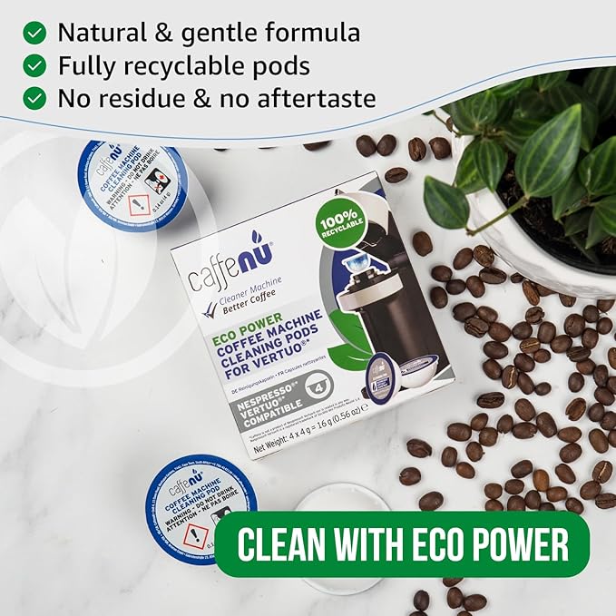 Caffenu Cleaning Pods Compatible with Nespresso Vertuo. 4 Cleaner Capsules. For Improved Coffee Flavor and Crisp Coffee. Use with Descaling Kit