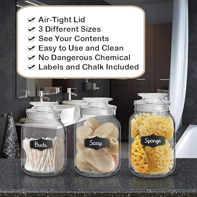 Glass Canister Set for Kitchen or Bathroom with Airtight Lid and Chalkboard Labels, Apothecary Glass Food Storage Jars,Set of 3 Cookie Jars, Candy, Coffee, Cereal & More, Clear Storage Containers!