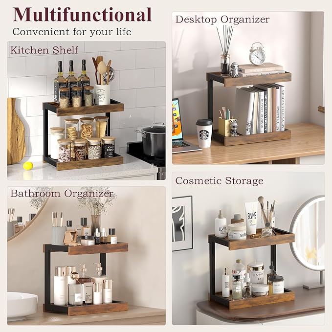 MARTY 2 Tier 15.75"x8.9" Large Countertop Shelf Organizer Spice Rack, Coffee Station Organizer for Mugs Cups, Wooden Shelf Desktop Storage Organizer for Kitchen Bathroom Home Office (Rustic Brown)