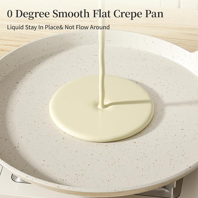 11 inch Nonstick Crepe Pan, Granite Coating Flat Skillet Dosa Tawa Tortilla Pan, White Large Pancake Griddle Comal Pan, Compatible with All Stovetops, PFOA Free