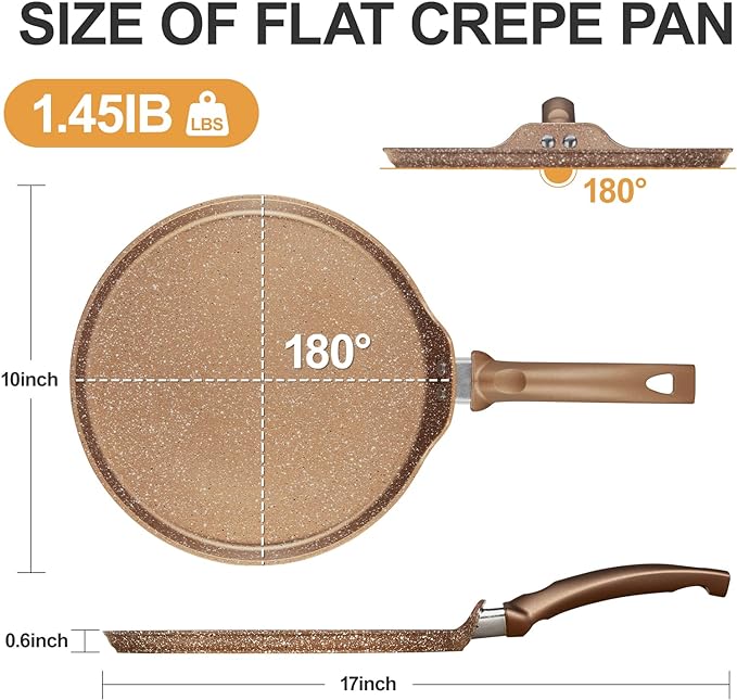 Nonstick Crepe Pan, Granite Coating Flat Skillet Dosa Tawa Tortilla Pan, 10 inch Pancake Griddle Roti Pan With Stay-Cool Handle, Induction Compatible, PFOA Free