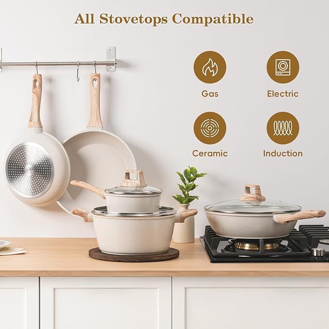 12 Pcs Pots and Pans Set Non Stick, Cookware Sets White Granite Induction Cookware, Non-toxic Healthy Nonstick Kitchen Cooking Set with Frying Pans Set, Saucepans (PFAS/PFOA/PFOS Free)