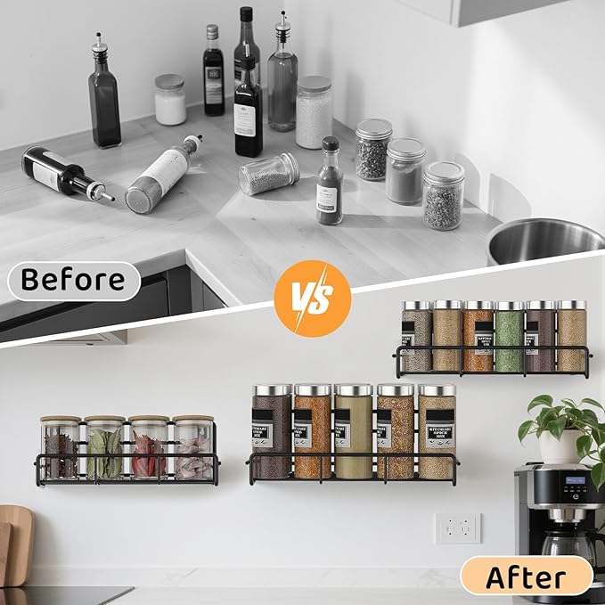 6 Pack Wall Mount Spice Rack Organizer, for Kitchen Pantry Door Storage and Organization, Heavy-Duty Metal Kitchen Spice Rack, Flexible Wall Iron Shelves with Adhesive Hook, Black