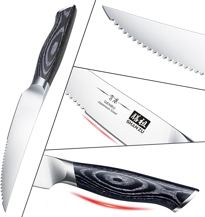 SHAN ZU 6 Pc Steak Knife Set, 4.5 Inch High Carbon Japanese Super Steel Steak Knives, Ultra Sharp Kitchen Steak Knife with K133 Ergonomic Handle, Black Tortoise Genbu Series