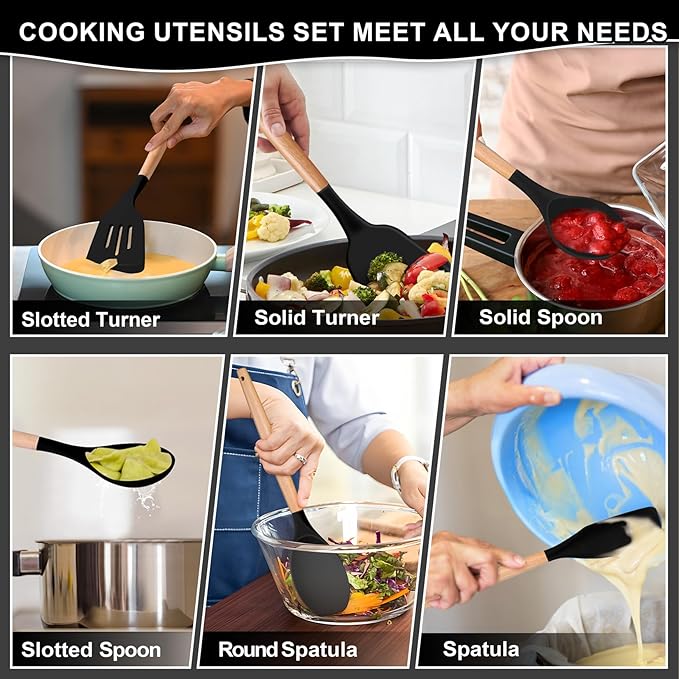 P&P CHEF Silicone Cooking Utensils Set, 12PCS Kitchen Utensils Set with Wooden Handle for Nonstick Cookware, Ladle, Spoon, Spatula, Tong, Heat-resistant & Non-scratch, Non Smell & Healthy, Black