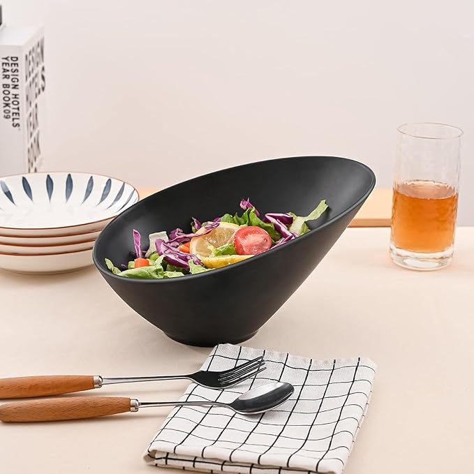Bamboo Fiber Salad Bowls, 2 Packs Serving Black, Compostable 33 Ounce Elegant Black Angled Bowls for Salad, Pasta, Soup, Prep, Ideal for Home and Restaurant