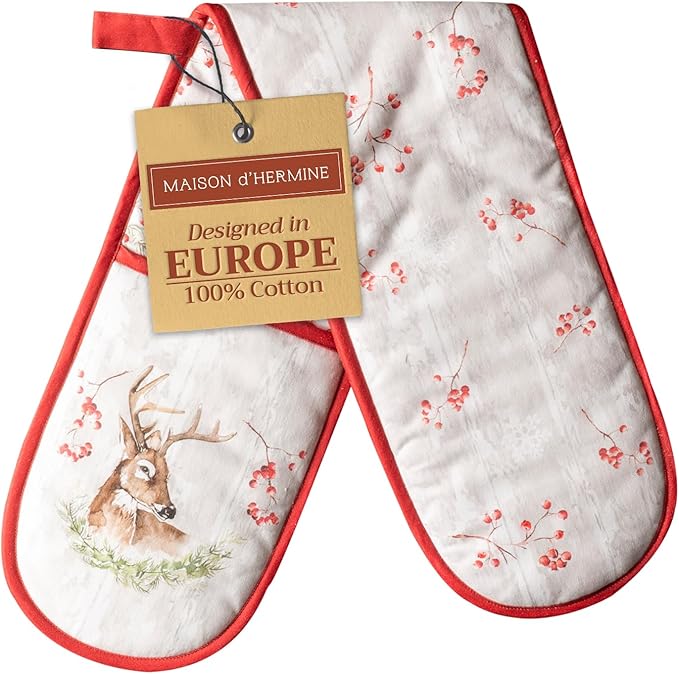 Maison d' Hermine Double Oven Mitt 100% Cotton Heat Resistant Cooking Gloves with Loop, Baking Barbeque, Handling Hot Pan, Mountain Life- Thanksgiving/Christmas (7 Inch x 35 Inch)
