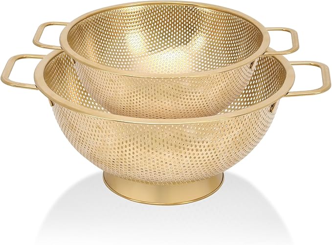 2PCS Gold Strainer for Kitche, 3QT and 5QT, Stainless Steel Colander with Handle for Fruits Vegetables Cooking Food, Dishwasher Safe