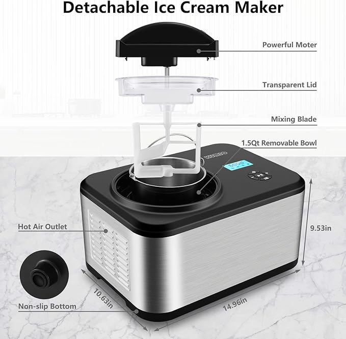 KUMIO 1.6-Quart Ice Cream Maker with Compressor, No Pre-Freezing, 4 Modes Ice Cream Maker Machine with LCD Display, Timer, Automatic Gelato & Yogurt Machine, Stainless Steel