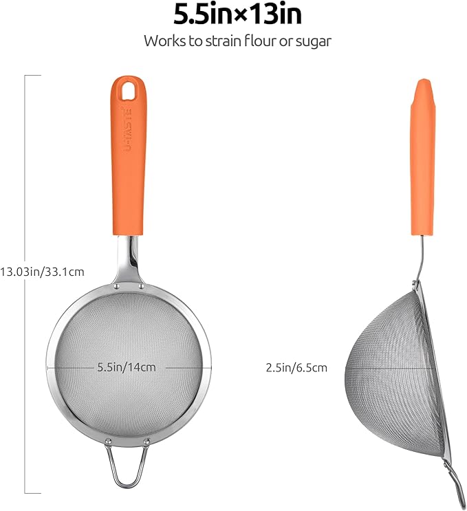 18/8 Stainless Steel Mesh Strainer: U-Taste 5.5 Inch Kitchen Fine Mesh Sieve Food Colander with Riveted Sturdy Silicone Handle and 30 Mesh Hole for Straining Flour, Pasta, Fruit, Quinoa (Orange)
