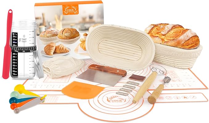 Sourdough Starter Kit with 2 Oval Banneton Proofing Baskets, 24oz Sourdough Jar, Silicone Pastry Mat, Bread Sling and Essential Tools for Sourdough Bread Making