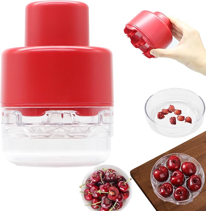 PCTC Cherry Pitter Tool - Pit Remover for Cherries, Multi-Functional Fruit & Vegetable Tool, Quick Release Remove 7 Cherry Pits at Once, Kitchen Gadget for Easy Prep (Red)