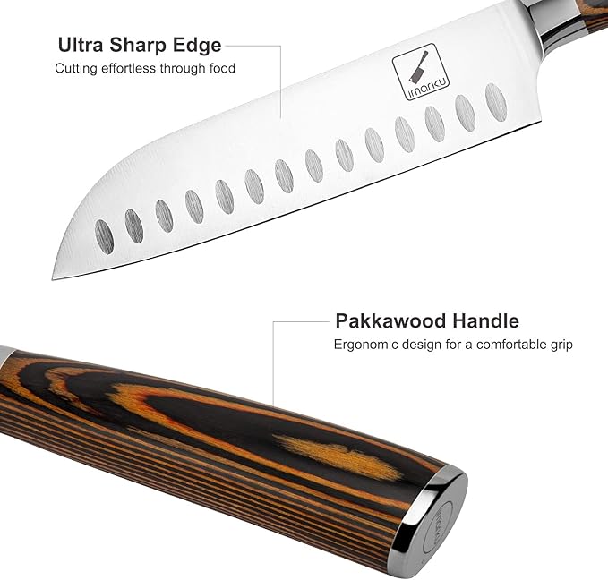 imarku Santoku Knife, 7 inch Kitchen Knife Ultra Sharp Cooking Knife Japanese Chef Knife - German HC Stainless Steel 7Cr17Mov - Ergonomic Pakkawood Handle, Christmas Gifts for Women/Men, Orange
