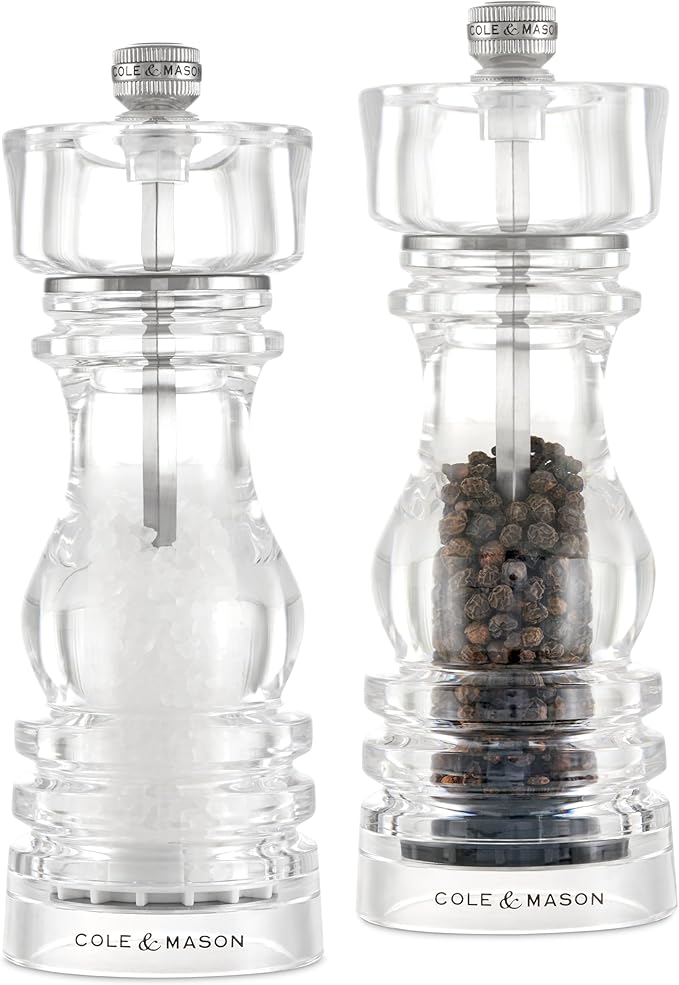 Cole & Mason London Refillable Spice Mill - Kitchen & Home Accessory - Salt & Pepper Grinder Set - Salt Mill with Ceramic Mechanism - Pepper Mill with Carbon Steel Mechanism - 7", Acrylic