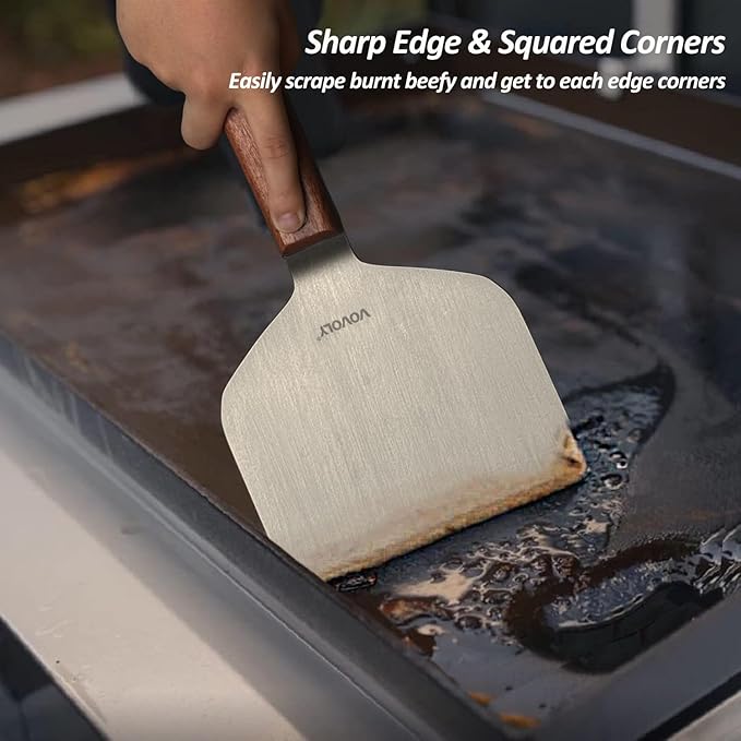 Vovoly Extra Wide Griddle Scraper, 5.5''x5.5'' Smashed Burger Scraper Grill Scraper Spatula Burger Turner - Full Tang Wooden Handle Professional Grade Grill Accessories, Knife Grade Stainless Steel