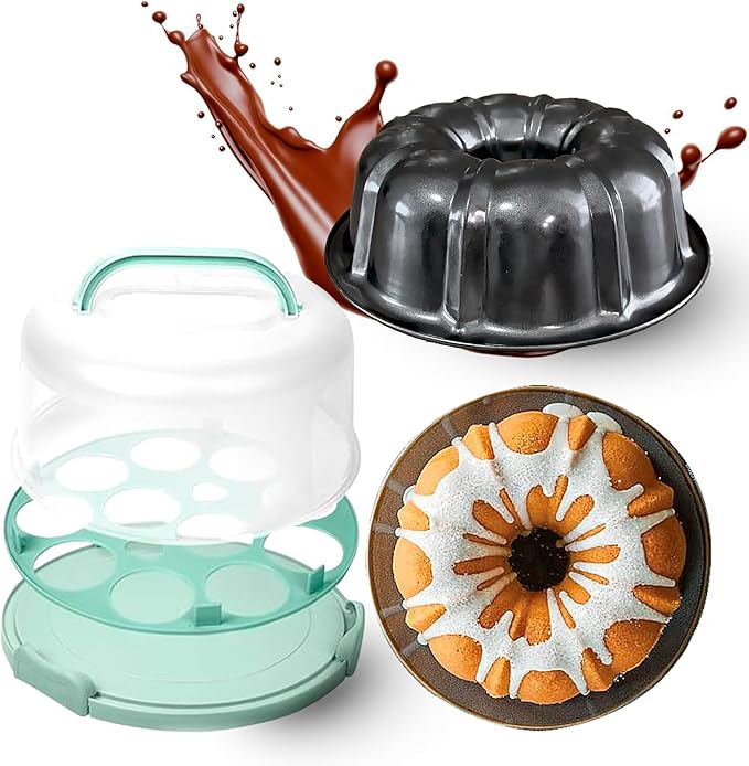 10 inch Bundte Cake Pan Nonstick with 12in Cake Carrier for Easy Transportation - Premium Fluted Cake Pans For Oven, Cake Mold, Moldes para Gelatinas