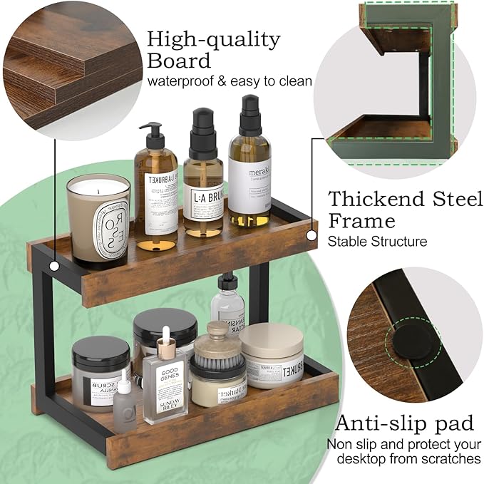 MARTY 2 Tier Spice Rack Organizer for Countertop, 15.8''L Coffee Station/Bathroom Organizer Countertop, Counter Shelf Desktop Storage Organizer for Kitchen, Bedroom, Office (Rustic Brown)