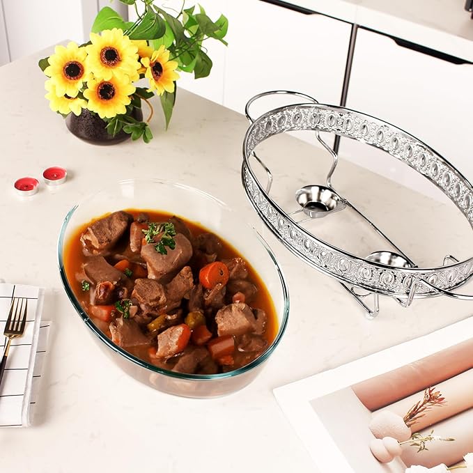 Casserole Dish 13" x 9" Glass Baking Dish with Stainless steel Lid and rack, Silver oval 2.5 Qt Large Baking Pan For Casserole & Lasagna, Microwave Dishwasher Freezer Oven Safe
