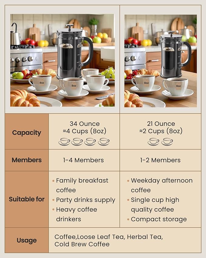 BAYKA French Press Coffee Maker, Large 304 Stainless Steel Coffee Press, Cold Brew Heat Resistant Thickened Borosilicate Coffee Pot for Camping Travel Gifts, 34 Ounce, Dark Pewter
