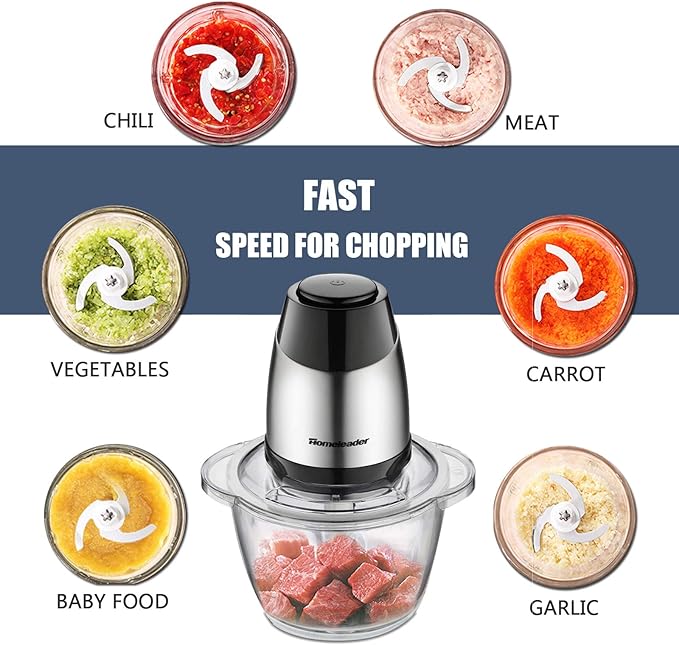 Electric Food Chopper, 5-Cup Food Processor by Homeleader, 1.2L Glass Bowl Grinder for Meat, Vegetables, Fruits and Nuts, Stainless Steel Motor Unit and 4 Sharp Blades, 300W