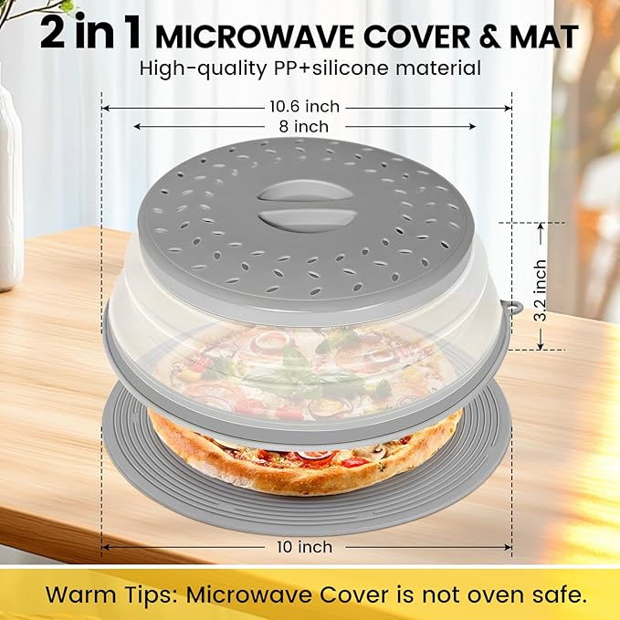 2 In 1 Microwave Splatter Cover & Silicone Mat, Vented Collapsible Microwave Cover for Food, Splatter Guard Dish Plate Lid, Kitchen Colander, 10 Inch Round Silicone Trivet Mat (Grey)