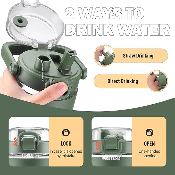 MUKOKO 32 oz Glass Tumbler with Straw,Glass Water Bottles with Time Marker,Iced Coffee Cup with Silicone Sleeve,Motivational Drinking Bottles,Leakproof-Olive