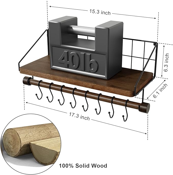 Alsonerbay Floating Shelf Wall-Mounted, Coffee Bar Shelf with Hooks and Towel Bar, Kitchen Shelves for Organizing Cooking Utensils and Mugs