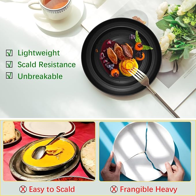 32Pcs Black Plates and Bowls Sets,Lightweight Plastic Dishes Set for 8,Unbreakable Dinnerware Sets,Reusable Plates Set,Dishwasher and Microwave Safe, Dish Sets for Outdoor Camping,RV