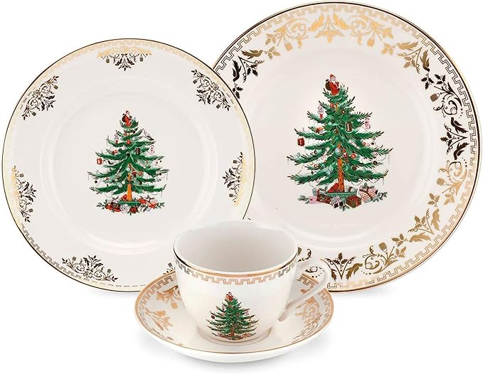 Spode Christmas Tree Gold 4-Piece Holiday Dinnerware Set - Fine Earthenware Tableware with 22K Gold Accents - Dinner Plate, Salad Plate, Teacup, Saucer - Festive Christmas Tableware, Dishwasher Safe