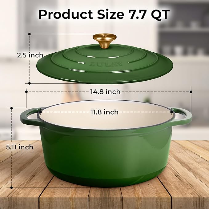 Zulay Kitchen 7.7 Quart Enameled Cast Iron Dutch Oven with Lid, Silicone Trivet & Heat Pad – Premium Durability & Oven Safe up to 500°F – Heavy Duty Cookware Perfect for Bread Baking, Stews, Braising & Roasting – Green