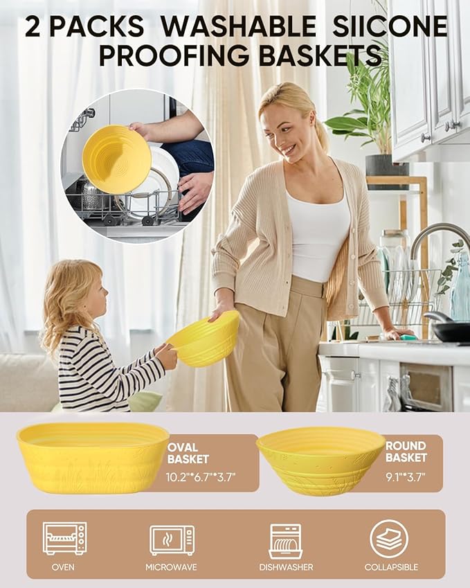 Sourdough Bread Baking Supplies 34 OZ Sourdough starter kit with 2 Bread Proofing Basket - Yellow