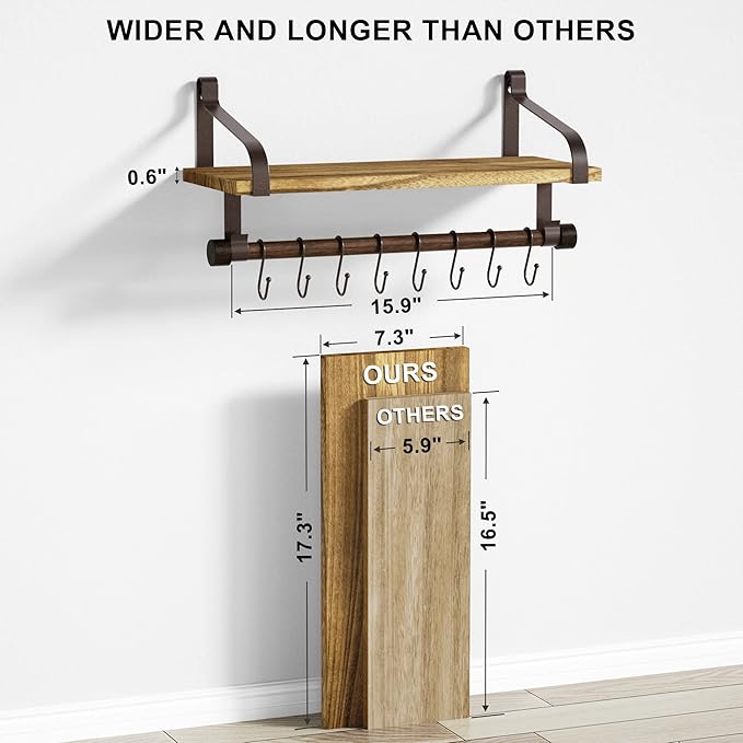 Love-KANKEI Floating Shelf Wall Shelf for Storage Rustic Wood Kitchen Spice Rack with Towel Bar and 8 Removable Hooks for Organize Cooking Utensils or Mugs Carbonized Black/Brown Brackets