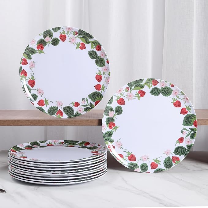 12-Piece Melamine Dinner Plates - 10 Inch Lightweight, Durable & Unbreakable Round Plates for Indoor/Outdoor Use - Strawberry