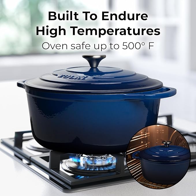 Zulay Kitchen 7.7 Quart Enameled Cast Iron Dutch Oven with Lid, Silicone Trivet & Heat Pad – Premium Durability & Oven Safe up to 500°F – Heavy Duty Cookware Perfect for Bread Baking, Stews, Braising & Roasting – Blue