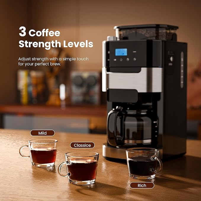 Kismile 10-Cup Digital Drip Coffee Maker with Built-In Grinder, 12-Hour Timer, Programmable, 1.5L Water Tank, Keep-Warm Function, Combo Brewer and Grinder for Home & Office Use
