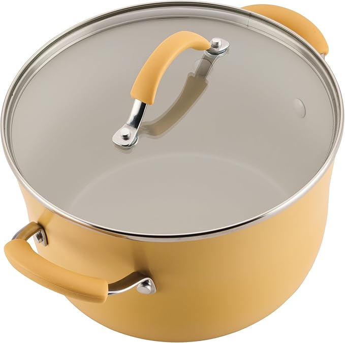 Rachael Ray Cucina Ceramic Cookware Set - 13 Pieces - Ceramic Pots and Pans Set w/Nonstick Frying Pans, Saute Pan, Saucepans, Stockpot, Lids, Pan Protectors & Cooking Utensils - Turmeric