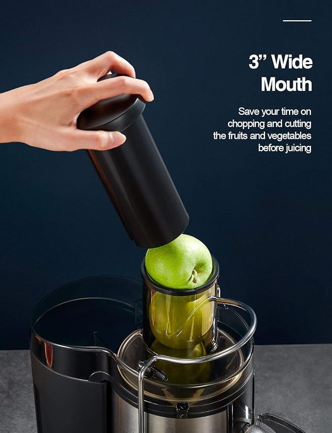 QCen Juicer Machine, 500W Centrifugal Juicer Extractor with Wide Mouth 3” Feed Chute for Fruit Vegetable, Easy to Clean, Stainless Steel, BPA-free (Black)