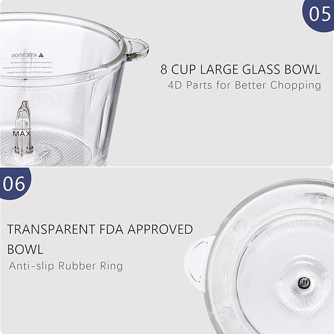 Homeleader Electric Food Chopper, 300W Stainless Steel Blade, Food Processor with 2L Glass Bowl, 2S Fast Shredding for Meat, Vegetables, Fruits and Nuts, Dishwasher Safe, Quiet Motor with 4 Blades